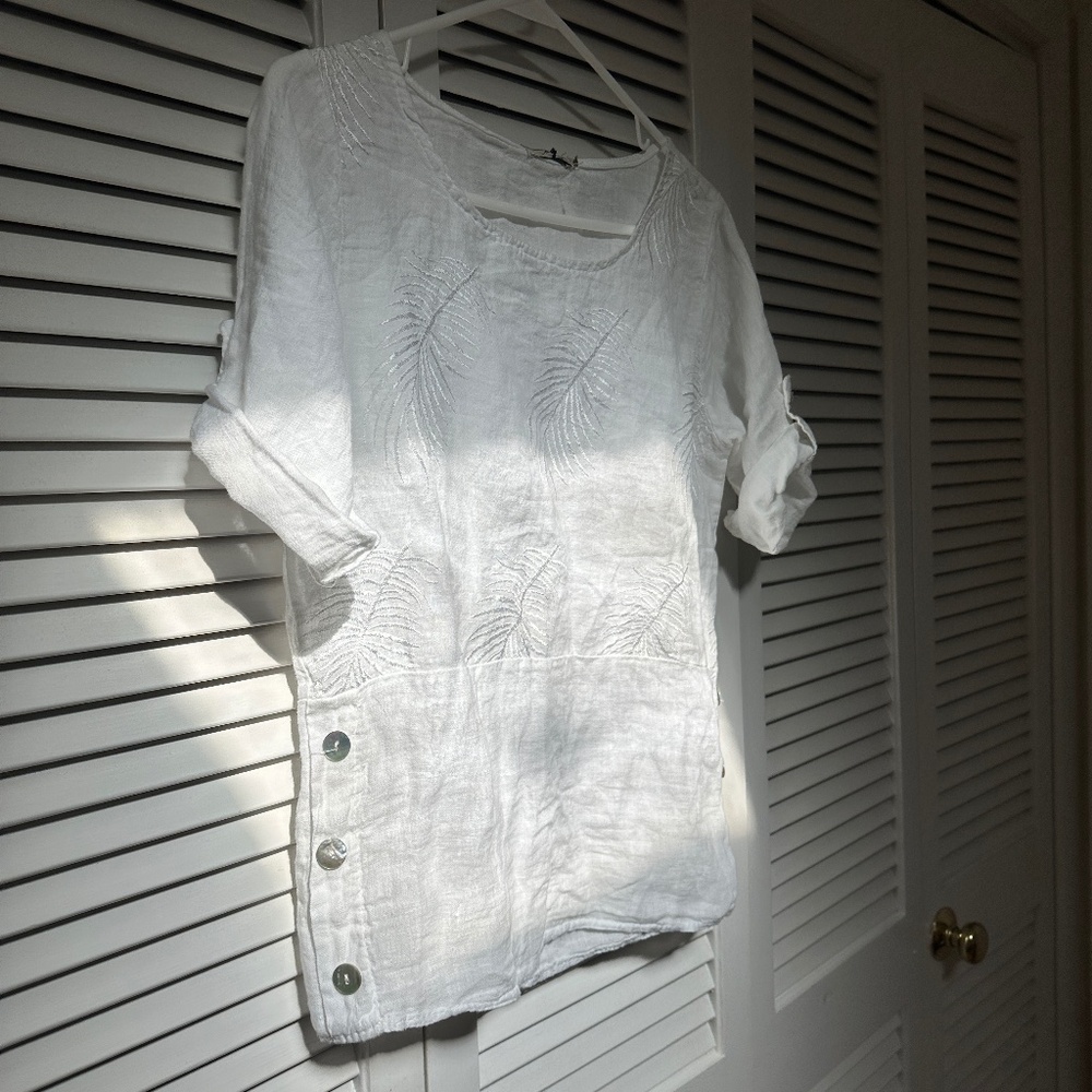 Lungo L'Arno Linen Blouse Short Sleeve Tropical Palm Embroidery Side Buttons - Picture 4 of 17